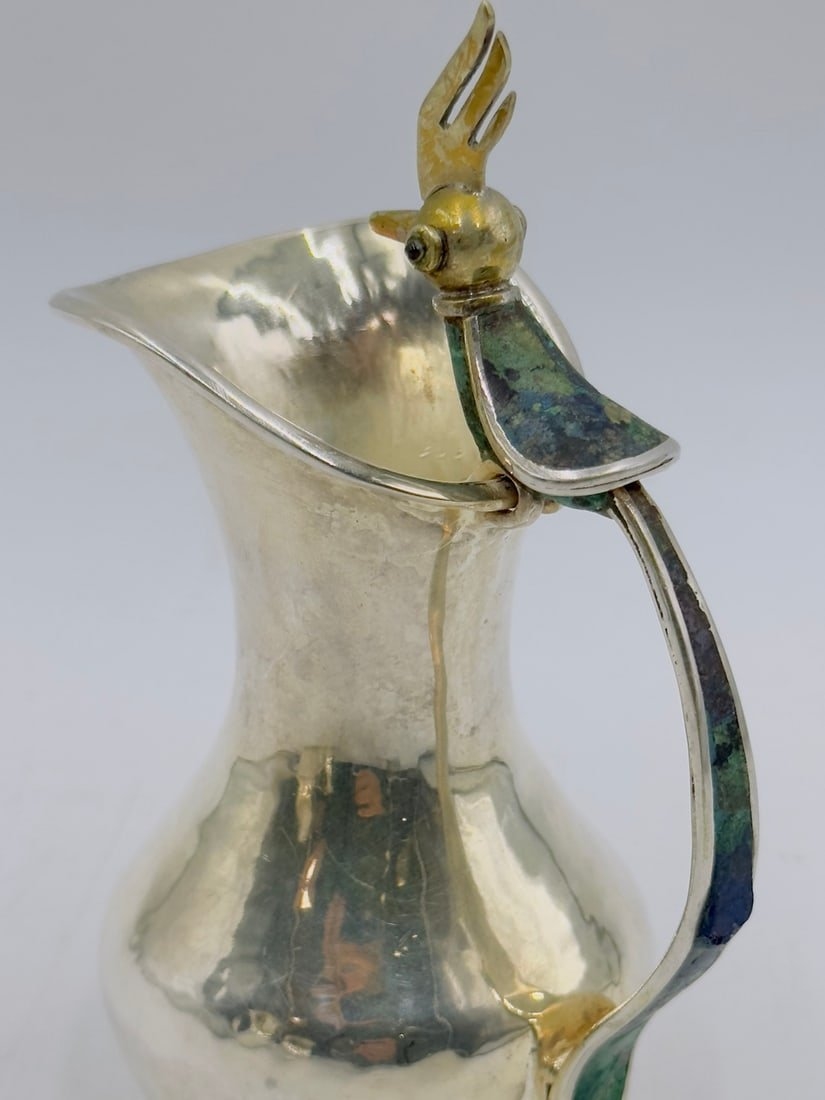 Artwork by Los Castillo, Bird of Paradise Silver Pitcher with Stone Inlay by Los Castillo, Mexico Mid 20th Century, Made of malachite stone
