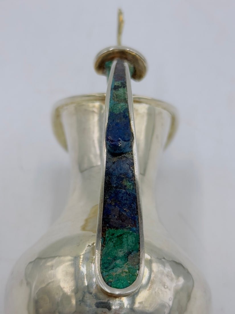 Artwork by Los Castillo, Bird of Paradise Silver Pitcher with Stone Inlay by Los Castillo, Mexico Mid 20th Century, Made of malachite stone