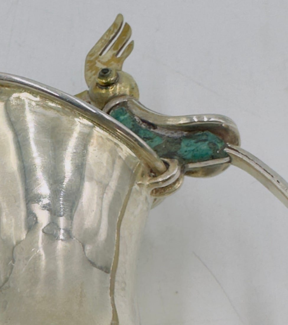 Artwork by Los Castillo, Bird of Paradise Silver Pitcher with Stone Inlay by Los Castillo, Mexico Mid 20th Century, Made of malachite stone