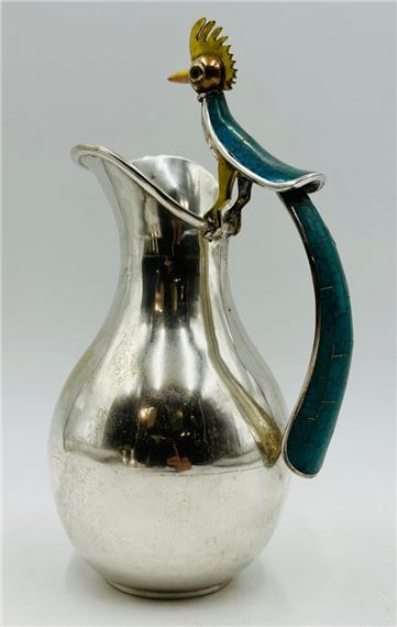 Large Bird of Paradise Silver Pitcher with Stone Inlay by Los Castillo, Mexico Mid 20th Century by Los Castillo, circa 20th Century