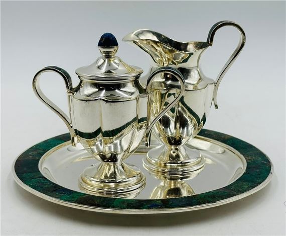 Los Castillo, Tea/Coffee Service Including Tray, Pitcher & Creamer w/ Azurite & Malachite, Mexico by Los Castillo, late 20th century