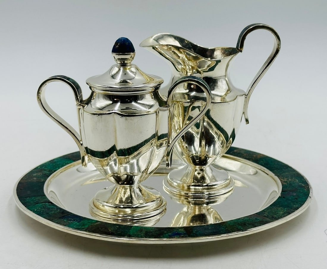 Artwork by Los Castillo, Los Castillo, Tea/Coffee Service Including Tray, Pitcher & Creamer w/ Azurite & Malachite, Mexico, Made of Malachite stone