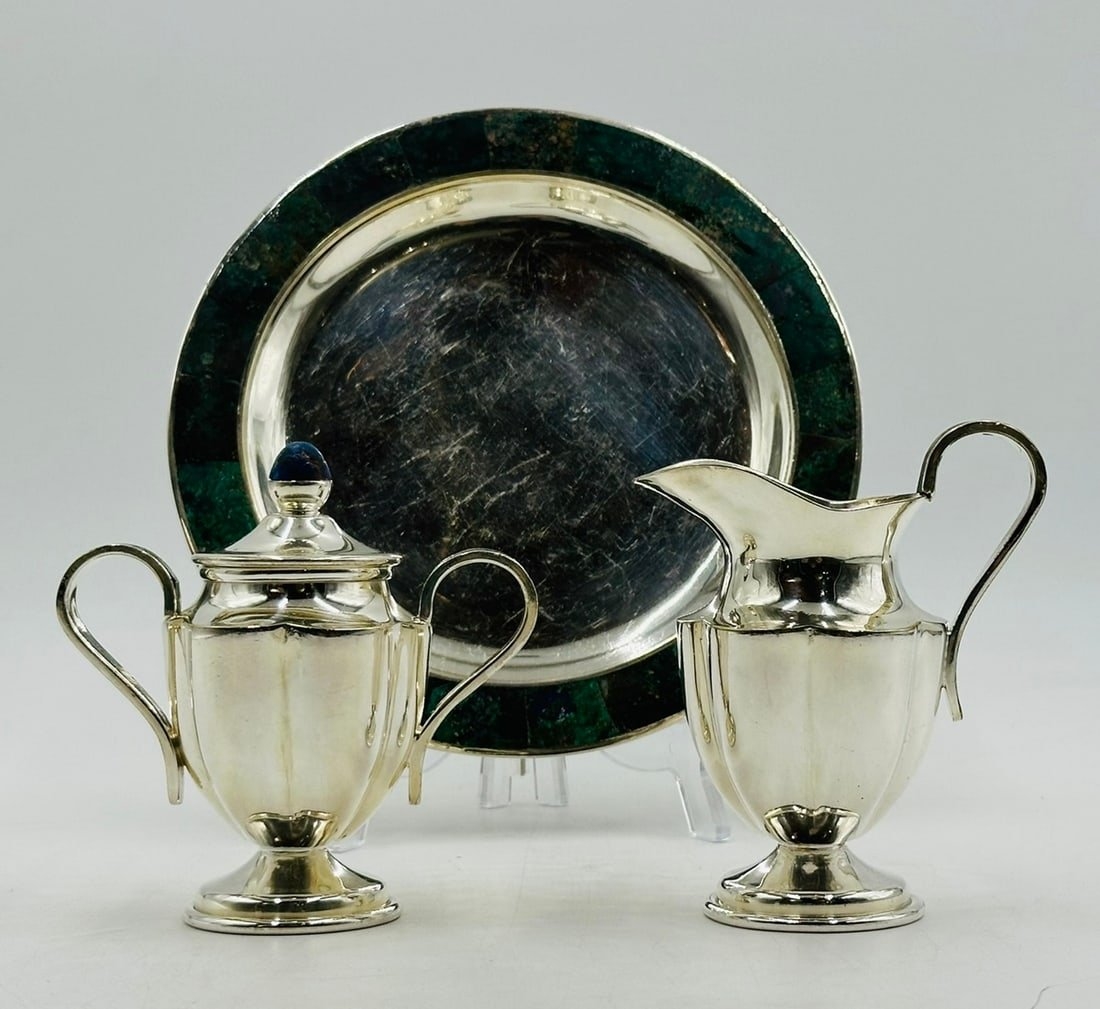 Artwork by Los Castillo, Los Castillo, Tea/Coffee Service Including Tray, Pitcher & Creamer w/ Azurite & Malachite, Mexico, Made of Malachite stone