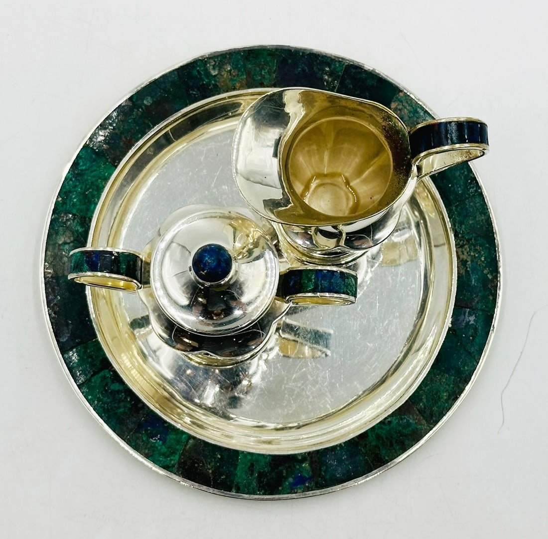 Artwork by Los Castillo, Los Castillo, Tea/Coffee Service Including Tray, Pitcher & Creamer w/ Azurite & Malachite, Mexico, Made of Malachite stone