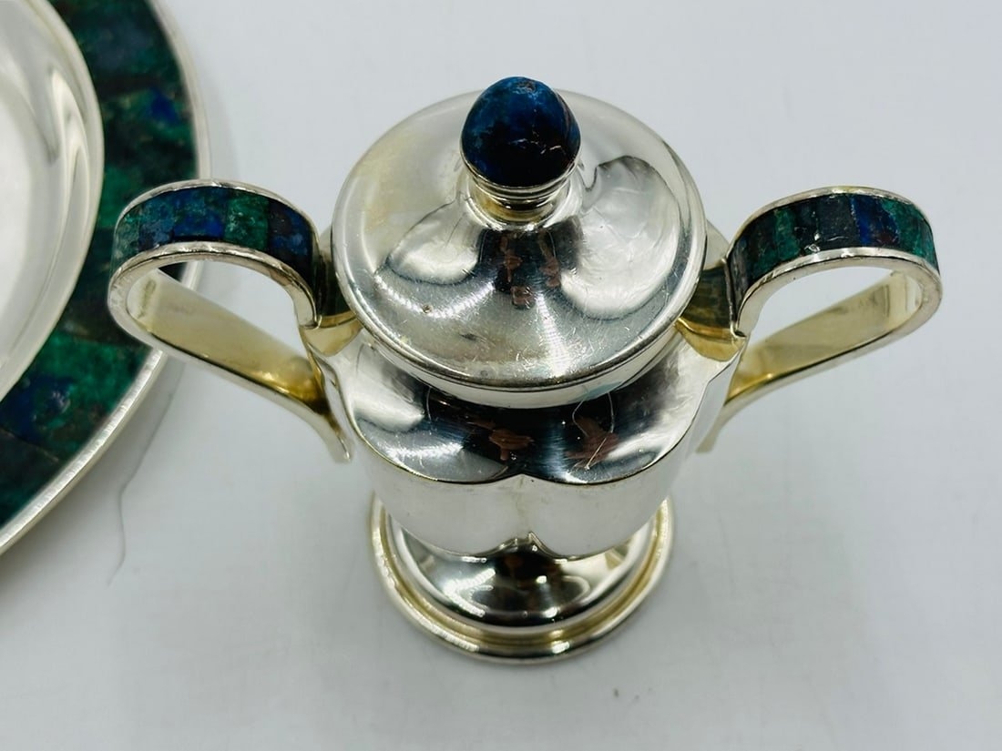 Artwork by Los Castillo, Los Castillo, Tea/Coffee Service Including Tray, Pitcher & Creamer w/ Azurite & Malachite, Mexico, Made of Malachite stone