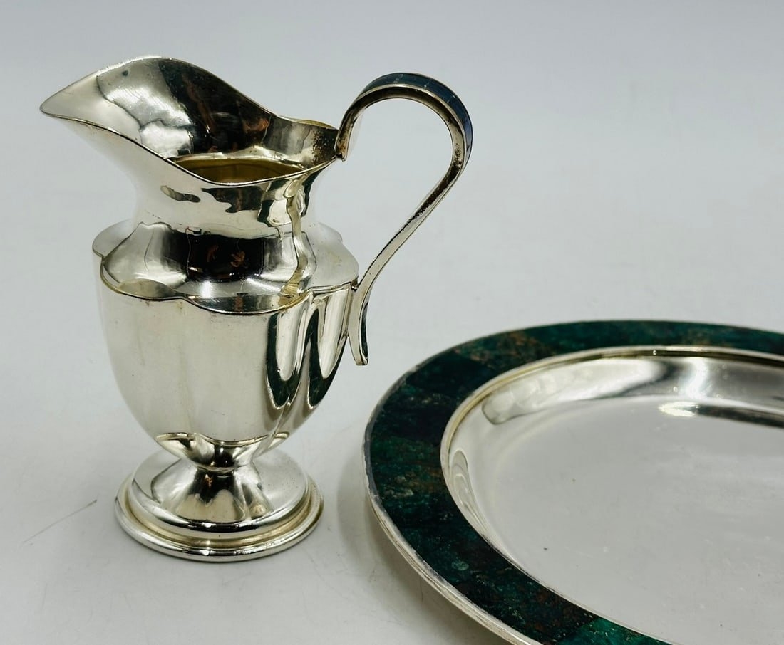 Artwork by Los Castillo, Los Castillo, Tea/Coffee Service Including Tray, Pitcher & Creamer w/ Azurite & Malachite, Mexico, Made of Malachite stone