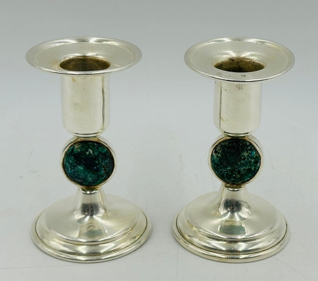 Artwork by Los Castillo, Los Castillo Candle Holders in Silver and Stone Inlay, Mexico 20th Century, Signed, Made of Silver and Stone