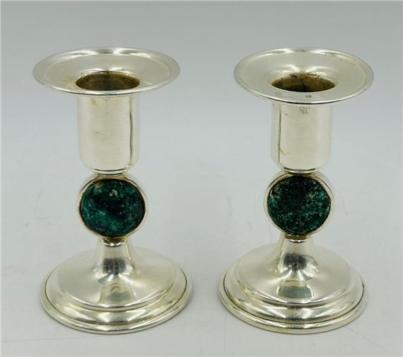 Los Castillo Candle Holders in Silver and Stone Inlay, Mexico 20th Century, Signed by Los Castillo, late 20th century