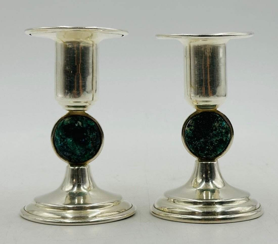 Artwork by Los Castillo, Los Castillo Candle Holders in Silver and Stone Inlay, Mexico 20th Century, Signed, Made of Silver and Stone