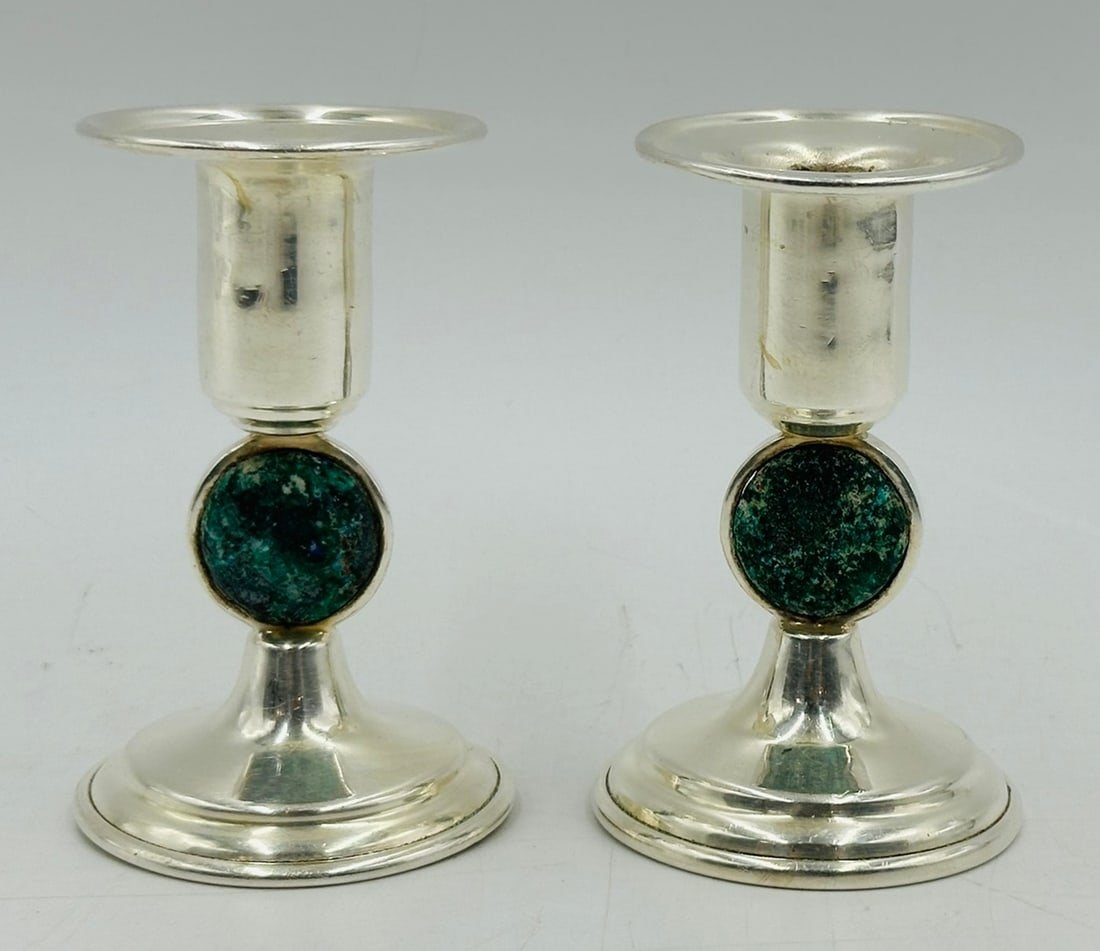 Artwork by Los Castillo, Los Castillo Candle Holders in Silver and Stone Inlay, Mexico 20th Century, Signed, Made of Silver and Stone