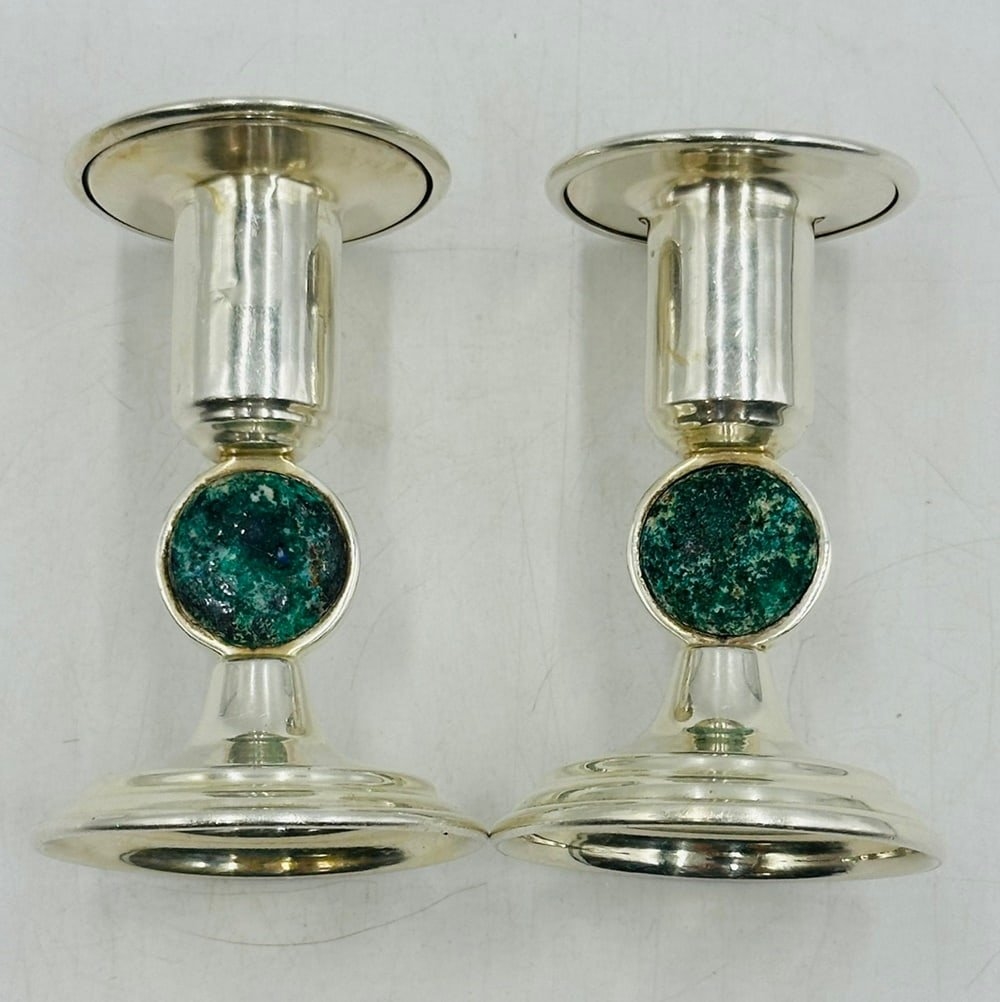 Artwork by Los Castillo, Los Castillo Candle Holders in Silver and Stone Inlay, Mexico 20th Century, Signed, Made of Silver and Stone