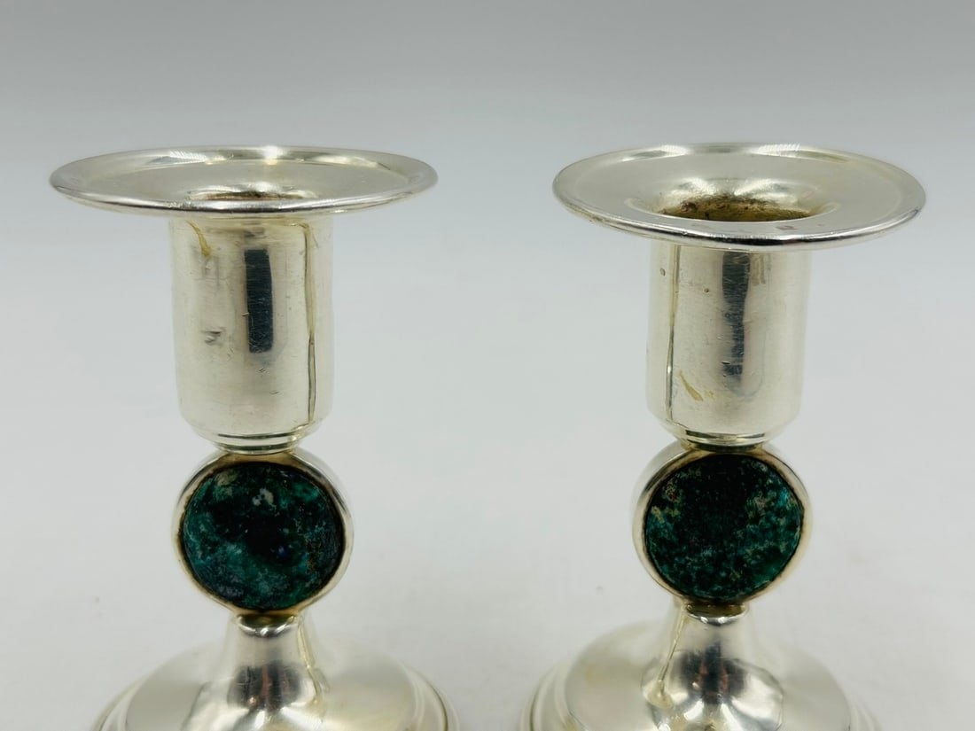 Artwork by Los Castillo, Los Castillo Candle Holders in Silver and Stone Inlay, Mexico 20th Century, Signed, Made of Silver and Stone