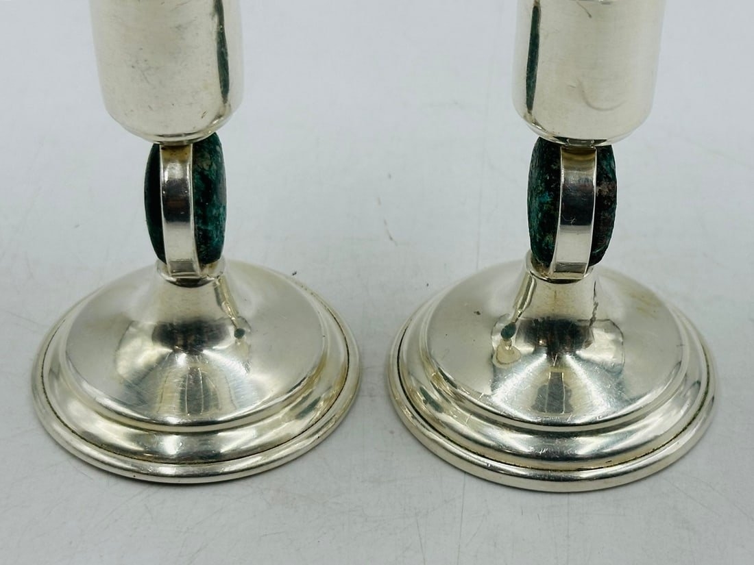 Artwork by Los Castillo, Los Castillo Candle Holders in Silver and Stone Inlay, Mexico 20th Century, Signed, Made of Silver and Stone