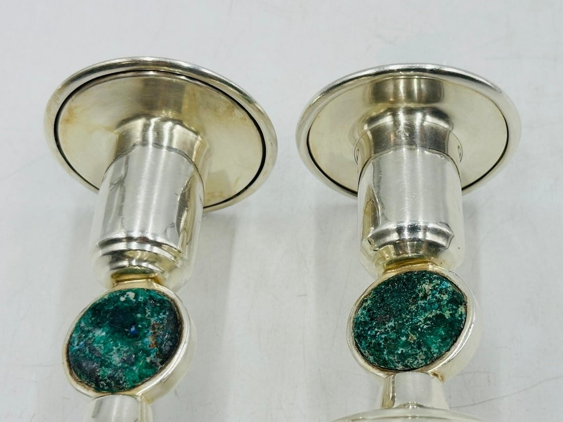 Artwork by Los Castillo, Los Castillo Candle Holders in Silver and Stone Inlay, Mexico 20th Century, Signed, Made of Silver and Stone