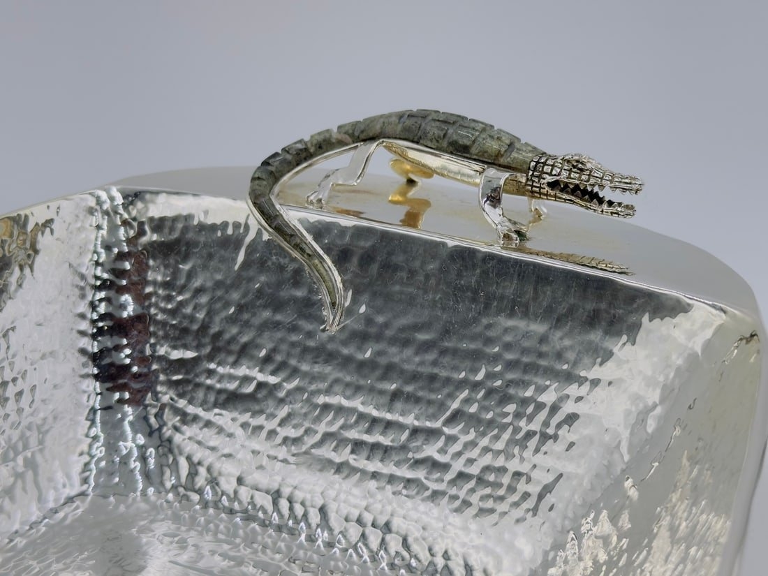 Artwork by Los Castillo, Wolmar Castillo, Silver Serving Bowl with a Hardstone Alligator Sculpture by Wolmar Castillo/Los Castillo, Signed, Made of Vintage silver and hardstone