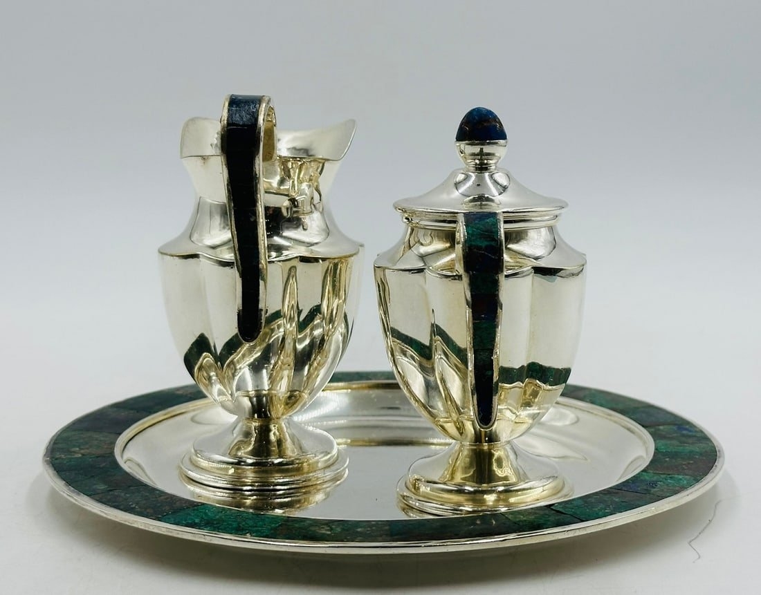Artwork by Los Castillo, Los Castillo, Tea/Coffee Service Including Tray, Pitcher & Creamer w/ Azurite & Malachite, Mexico, Made of Malachite stone