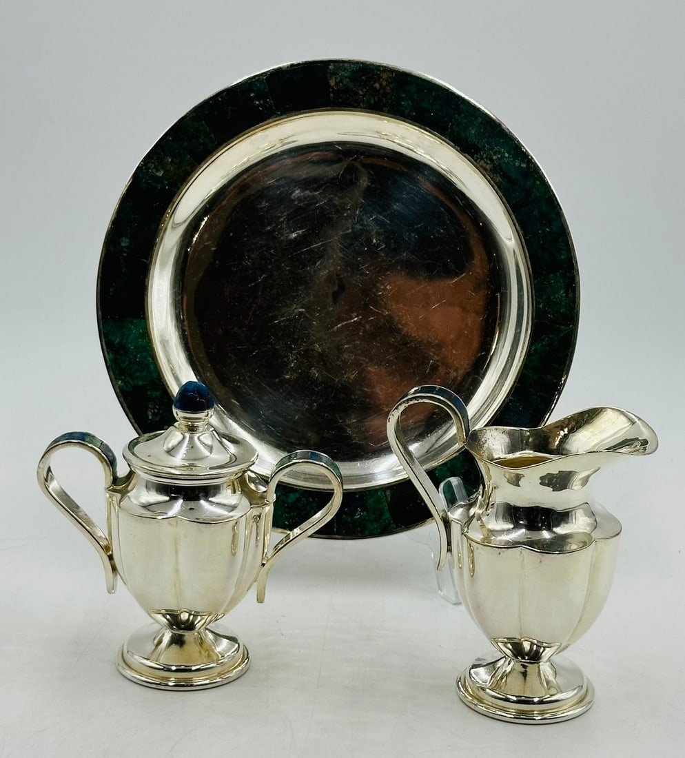 Artwork by Los Castillo, Los Castillo, Tea/Coffee Service Including Tray, Pitcher & Creamer w/ Azurite & Malachite, Mexico, Made of Malachite stone