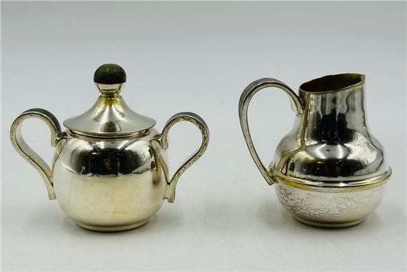 Los Castillo Creamer & Sugar Pot, Silver With Stone Inlay, Mexico 20th Century, Signed by Los Castillo, late 20th century