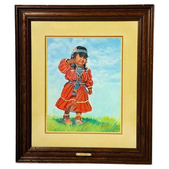 Sunday Best" Painting of a Native American Girl by Carol Theroux (1930-2021 by Carol Theroux, dated 83