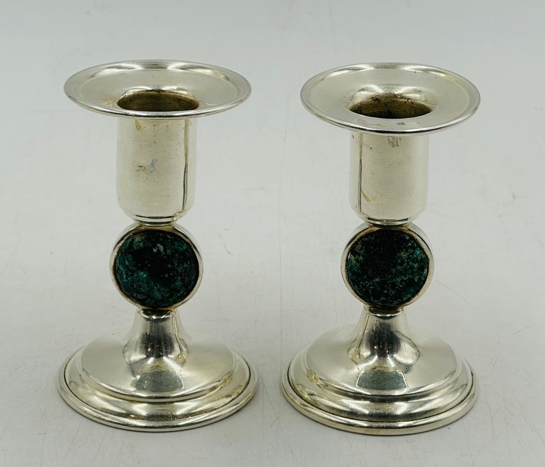 Artwork by Los Castillo, Los Castillo Candle Holders in Silver and Stone Inlay, Mexico 20th Century, Signed, Made of Silver and Stone