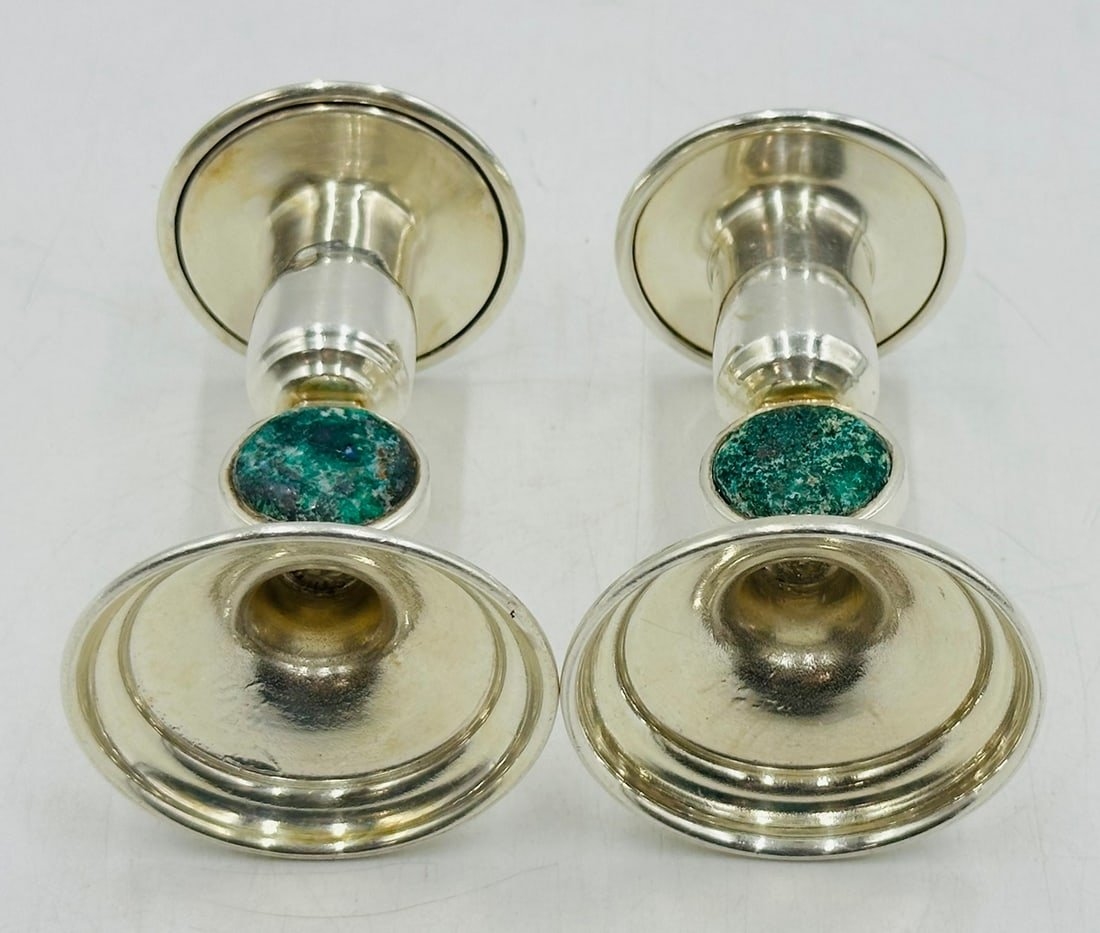 Artwork by Los Castillo, Los Castillo Candle Holders in Silver and Stone Inlay, Mexico 20th Century, Signed, Made of Silver and Stone