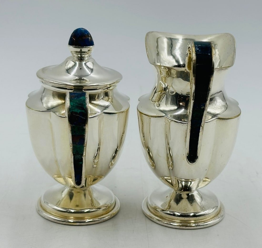 Artwork by Los Castillo, Los Castillo, Tea/Coffee Service Including Tray, Pitcher & Creamer w/ Azurite & Malachite, Mexico, Made of Malachite stone