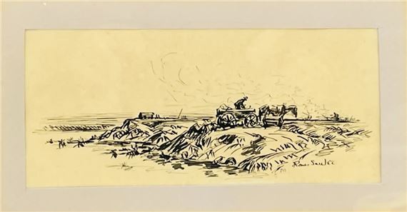 Ink on Paper Western Artwork Signed Ross Saulet by Ross Saulet