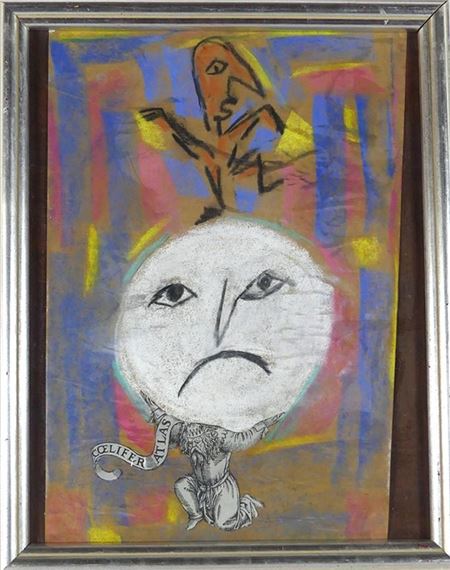 A surreal chalk drawing of a small figure supporting a large, sad face with a floating abstract head above.