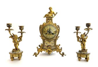 19th C. Judaica Champleve & Bronze Clock Set - C. Judaica