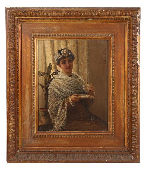 Seated Lady with Cup and Saucer by Charles Frederick Lowcock, dated 1881