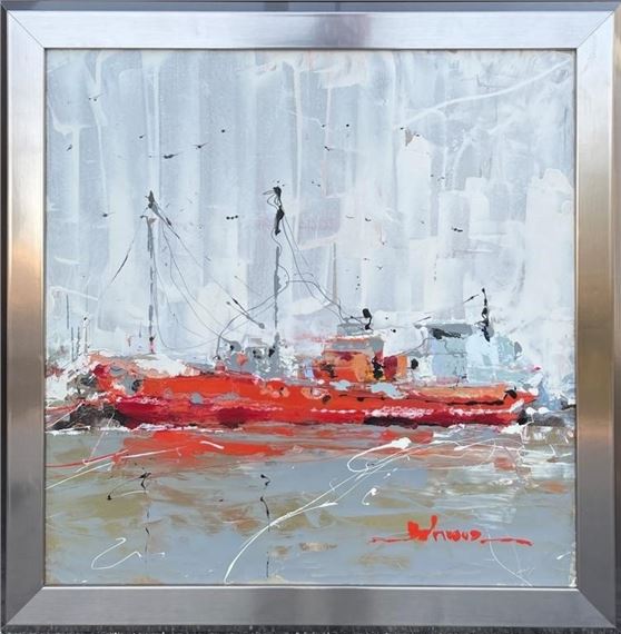 BEHROOZ MELIANI FREIGHTER AT THE DOCKS PAINTING by Behrooz Meliani