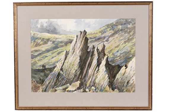 Rocky outcrop within a landscape by George Hutchinson, dated 1988