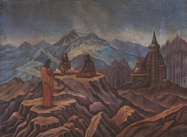 Artwork by Sviatoslav Roerich, Holy Men beside Temple in the Himalayas, Made of Tempera on jute canvas