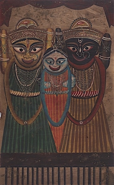 Artwork by Kalighat Pat, Jagannath, Balarama and Subhadra, Made of pigment on paper