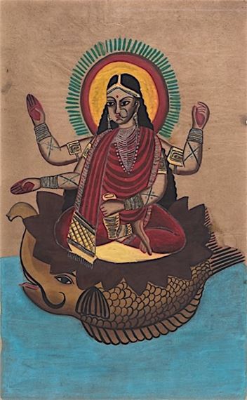 Goddess Ganga Seated on Makara by Kalighat Pat, Late 19th Century