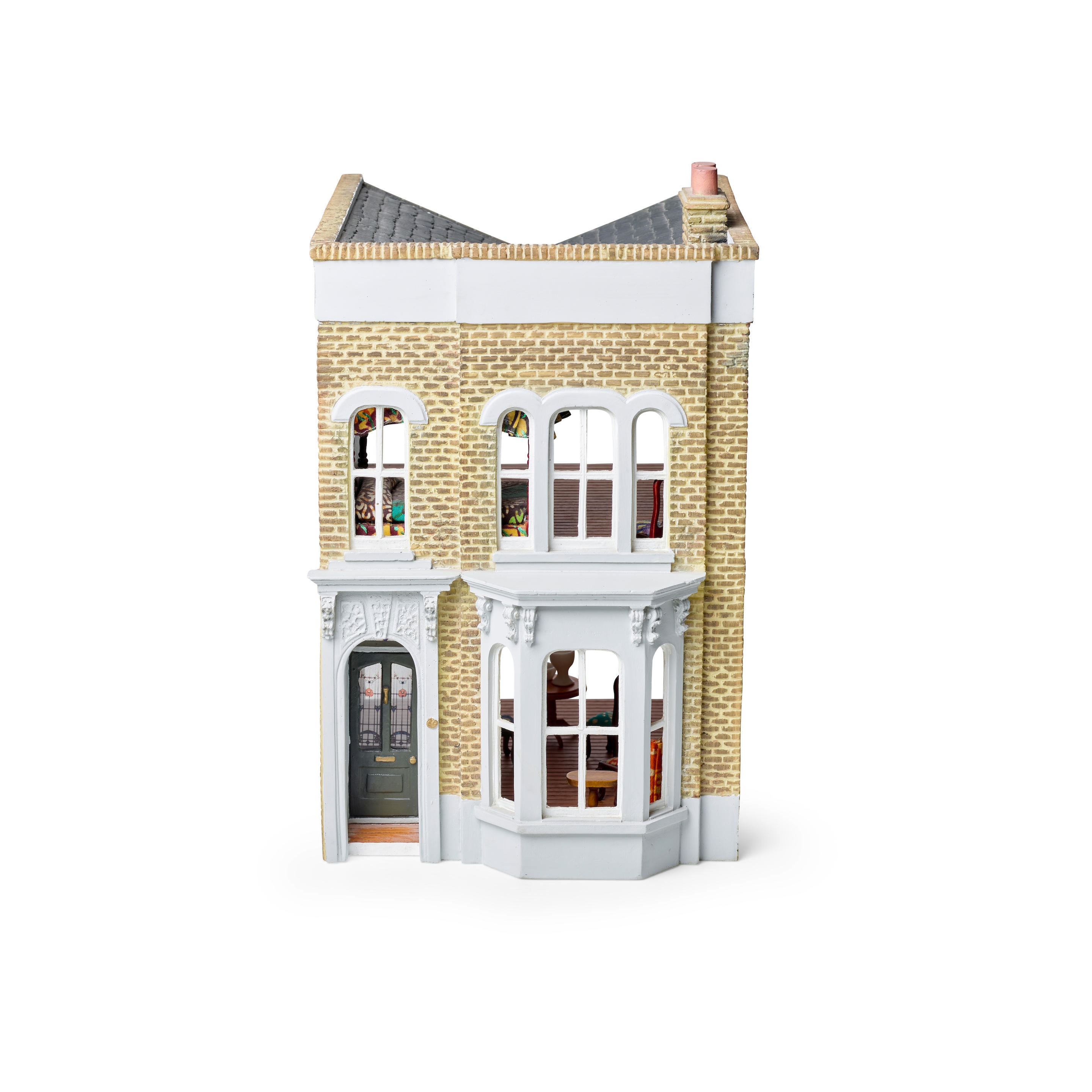 Artwork by Yinka Shonibare, Untitled (Doll House), Made of Cast resin doll house multiple painted in colors with wood and fabric-covered furniture