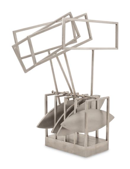A metallic sculpture featuring stacked rectangular frames and curved plates mounted on a base.