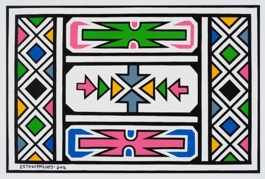 Untitled (Ndebele Pattern with Green and Pink by Esther Mahlangu, dated 2014