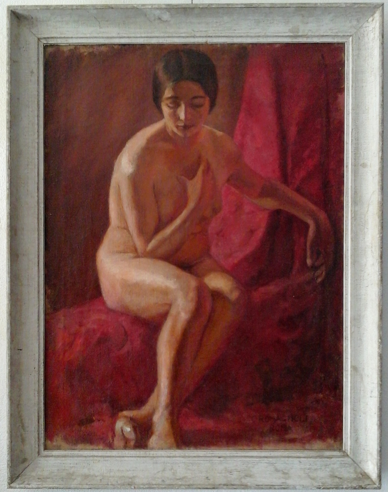 Artwork by Carlo Romagnoli, CARLO ROMAGNOLI (1888-1965) - Nudo femminile su fondo rosso - Olio su tela cm.76x56 firmato in basso a destra, Made of olio su tela