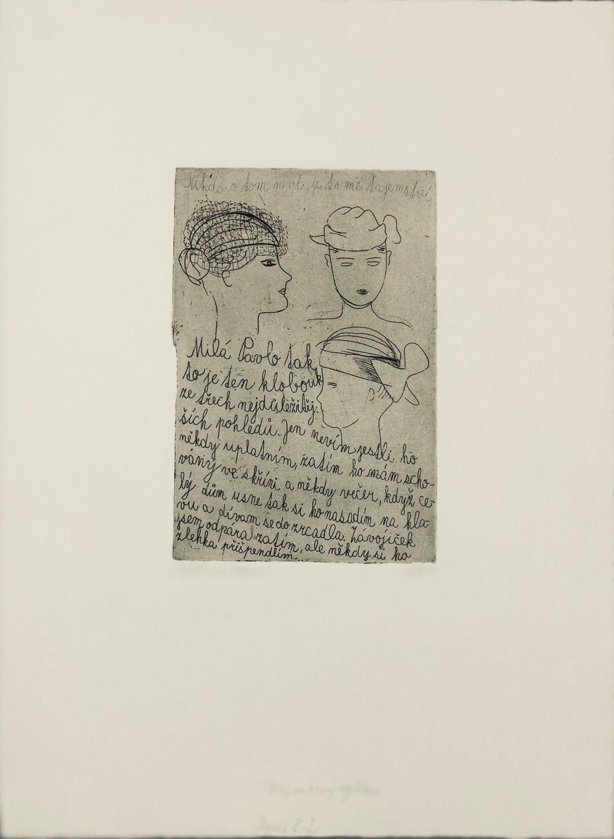 Artwork by Catherine Black, Hat Cycle, Letter No 2, Made of etching