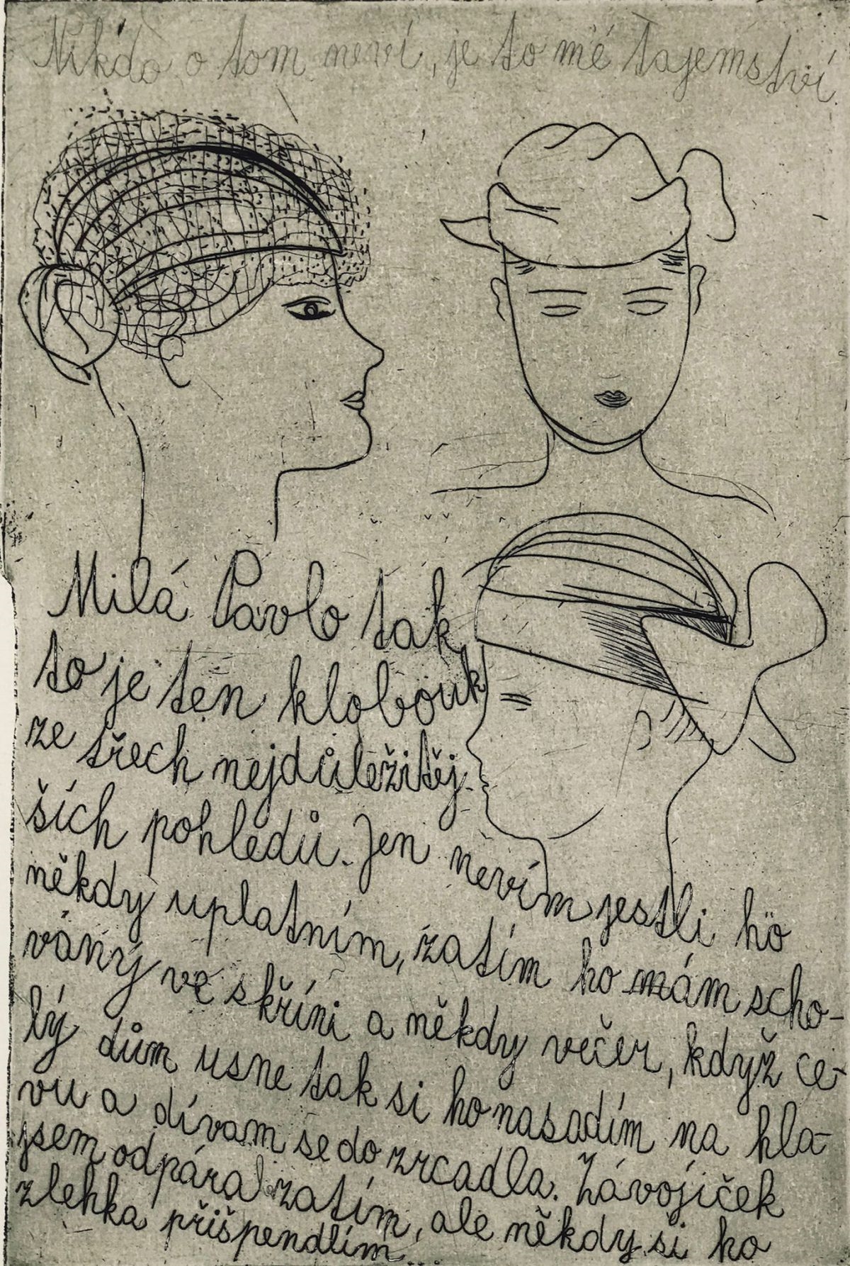 Artwork by Catherine Black, Hat Cycle, Letter No 2, Made of etching