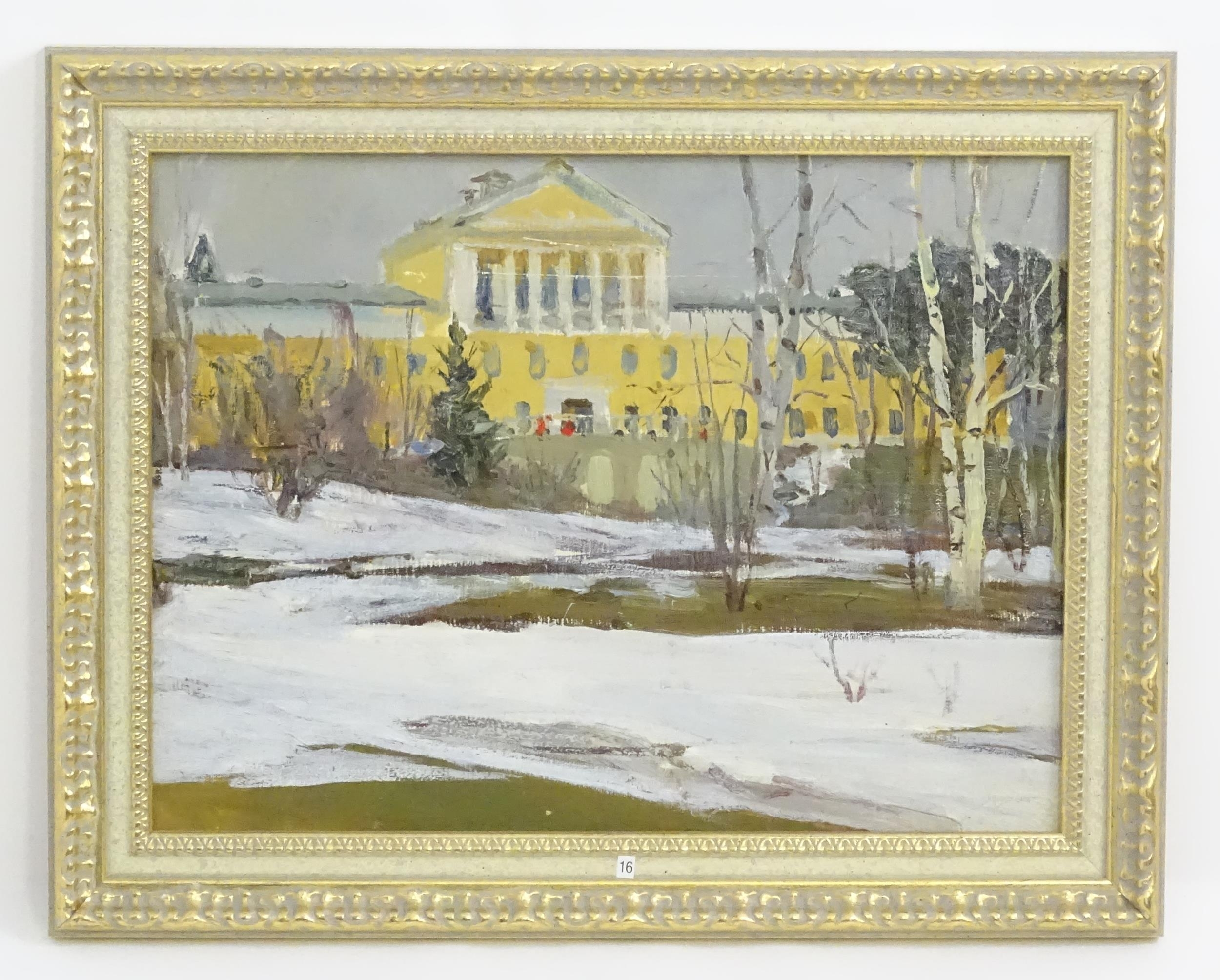 Artwork by Nikolai Nikolaevich Baskakov, Zelenogorsk in Winter. Ascribed and dated 1974 verso. Approx. 11 1/2" x 15 1/2", Made of Oil on card