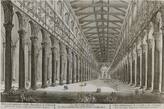 A detailed architectural engraving of a vast, colonnaded hall viewed from one end.