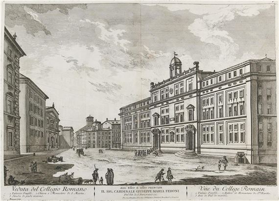 A detailed architectural engraving of a grand European street scene featuring classical buildings and numerous figures.