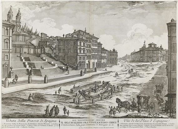 A detailed etching of a bustling European plaza with grand architecture, wide staircases, and active street life.