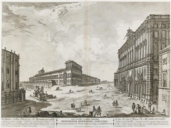 A detailed architectural engraving of a grand European square filled with classical buildings and scattered figures.