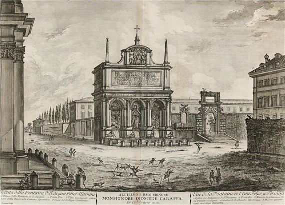 A detailed etching of a grand fountain complex with figures and animals in the foreground.