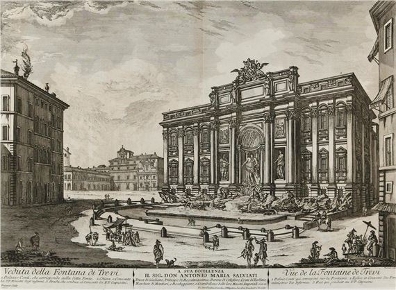 A detailed engraving of a grand fountain in a European city square, surrounded by classical architecture and figures.
