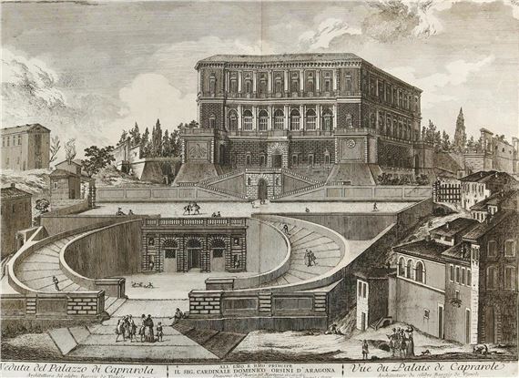 A detailed architectural engraving of a grand palace overlooking a circular courtyard.