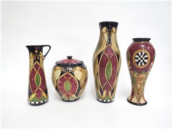 Moorcroft Staffordshire Gold pattern pieces including lidded ginger jar  a slender ewer,cm tall and two vases - Alicia Amison